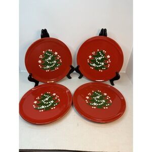 4 Waechtersbach CHRISTMAS TREE 7.75" Plates Red W Germany Tree Bread Salad VTG